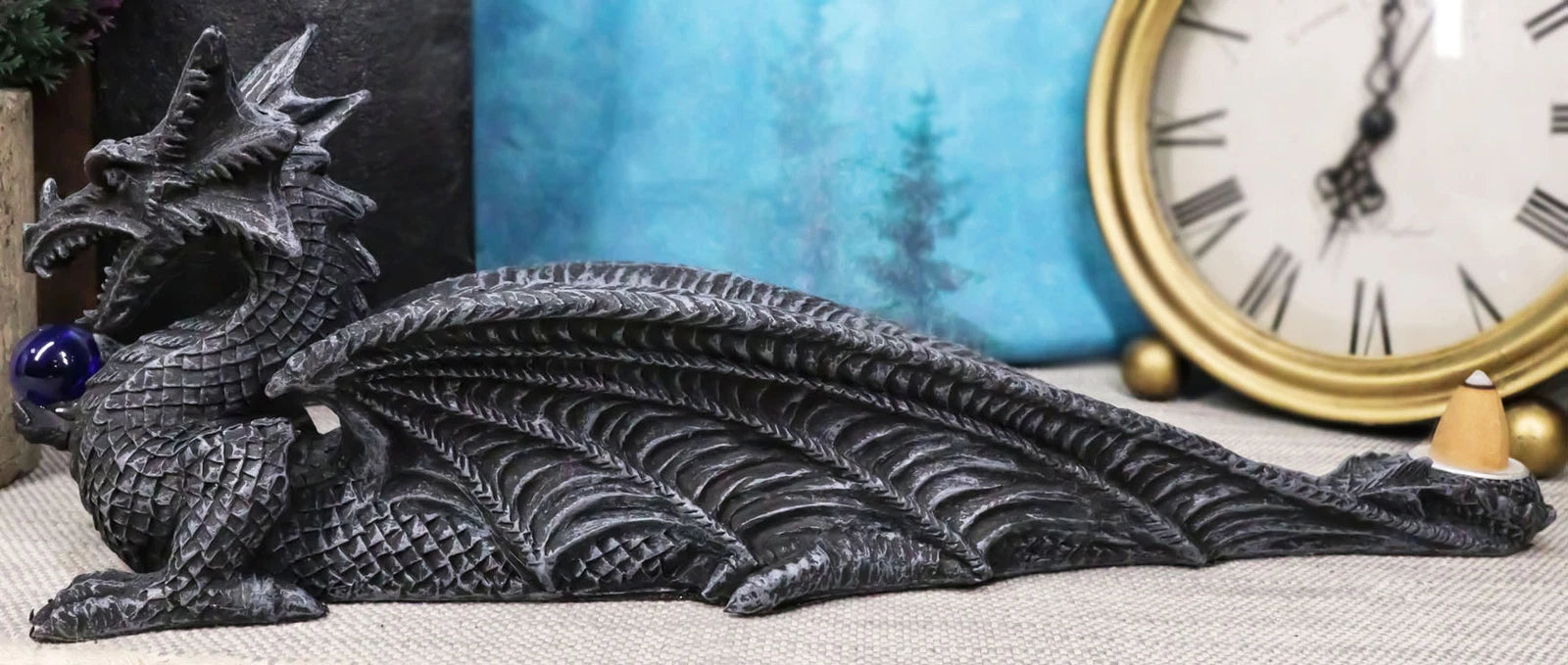 Longwei Dragon Holding Blue Orb Incense Burner Sculpture Figurine in Faux Stone-9