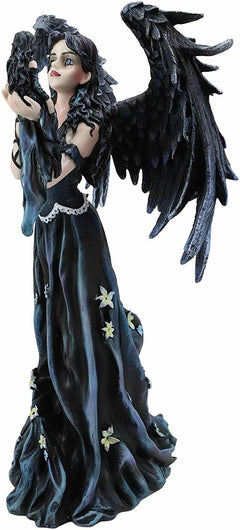 Gothic Raven Crow Maleficent Angel With Avatar Ditto in Black Lily Dress Statue-7