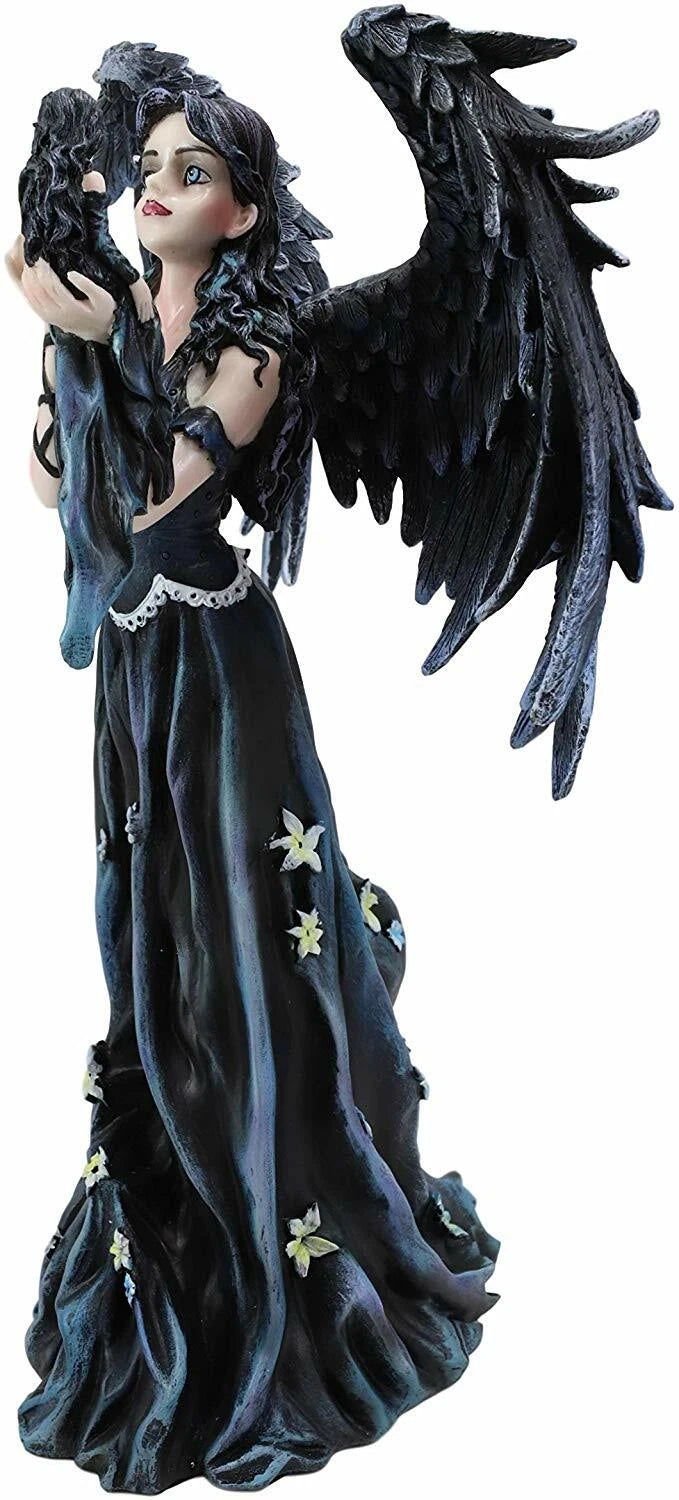 Gothic Raven Crow Maleficent Angel With Avatar Ditto in Black Lily Dress Statue-7