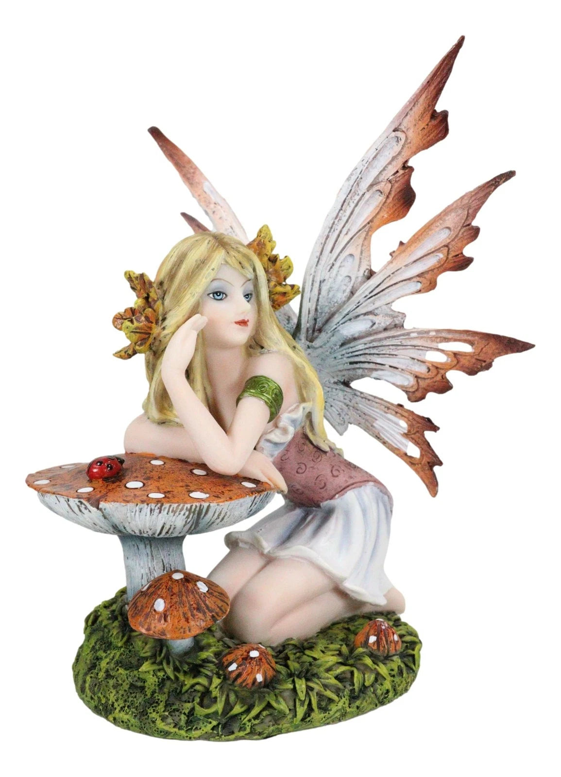 Enchanted Forest Fall Ladybug Mushroom Fairy Sitting by Toadstools Figurine-8