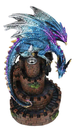 Metallic Blue Dragon On Spiral Steps Castle Tower Backflow Incense Cone Burner-9