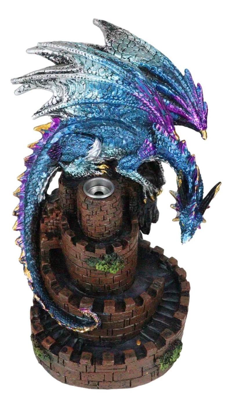 Metallic Blue Dragon On Spiral Steps Castle Tower Backflow Incense Cone Burner-9