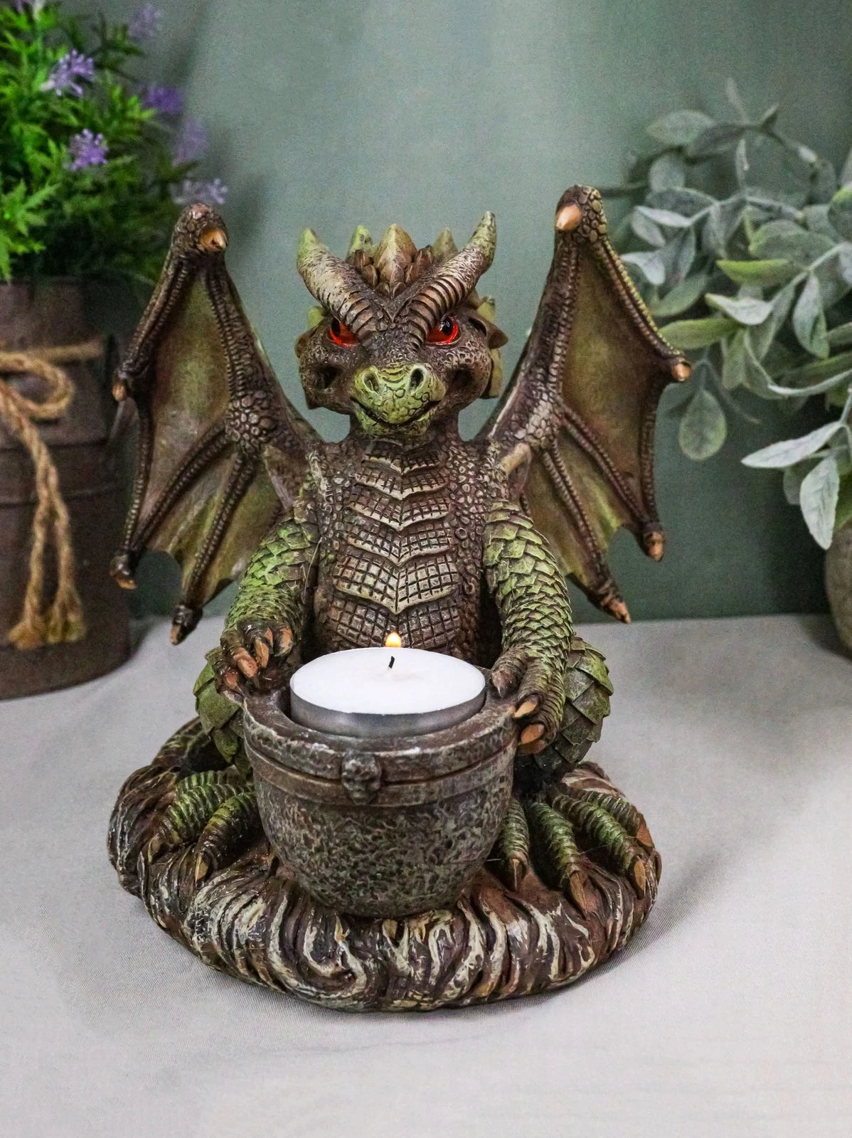 Earth Druid Dragon Holding Magic Cauldron Tea Light Candle Or Incense Holder-9