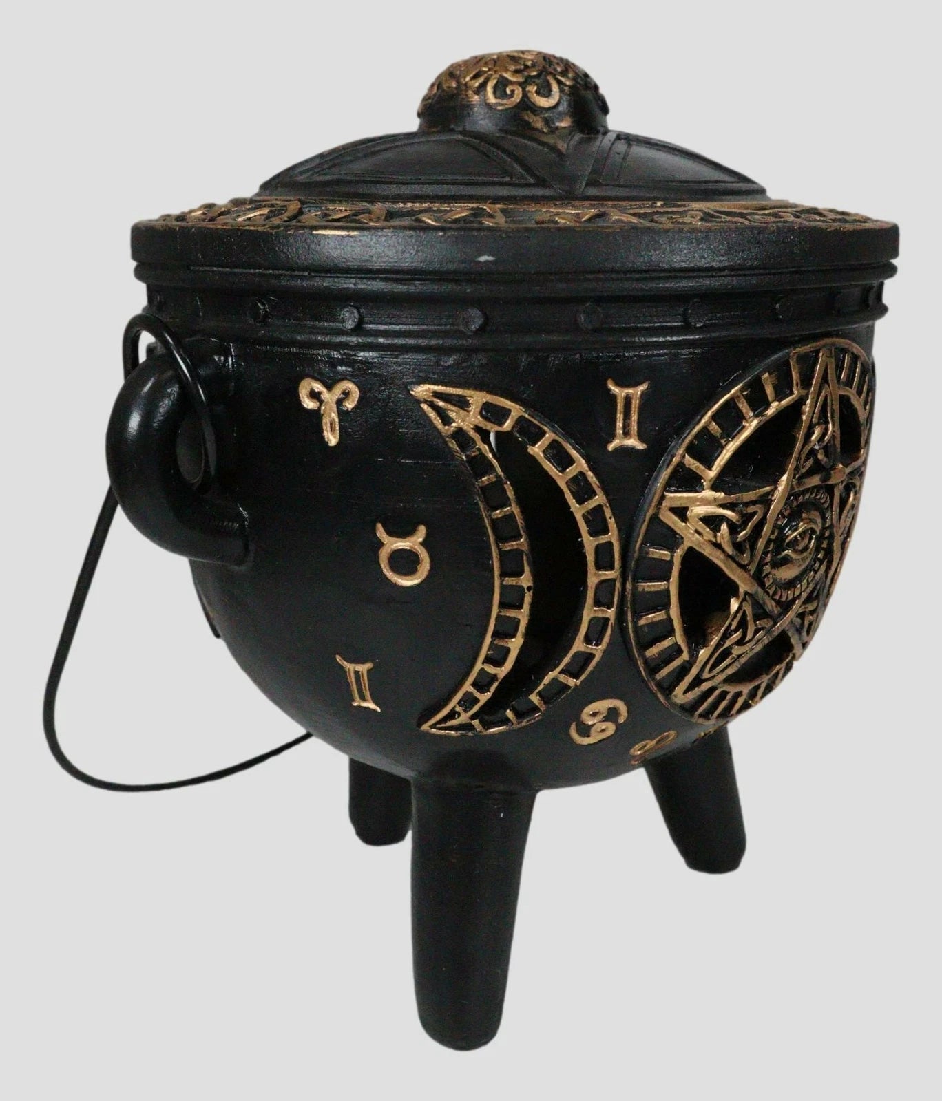 Celtic Wicca Black Magic Occult All Seeing Eye Pentagram LED Cauldron Figurine-7