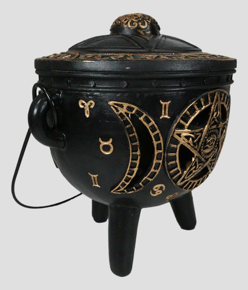 Celtic Wicca Black Magic Occult All Seeing Eye Pentagram LED Cauldron Figurine-7