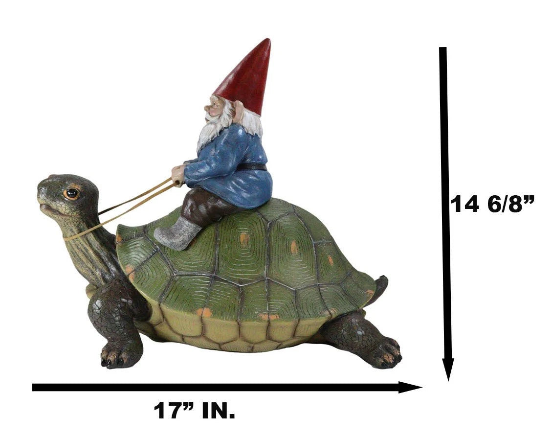 Large Whimsical Mr. Gnome Riding Giant Turtle Garden Statue 17.25" L-11
