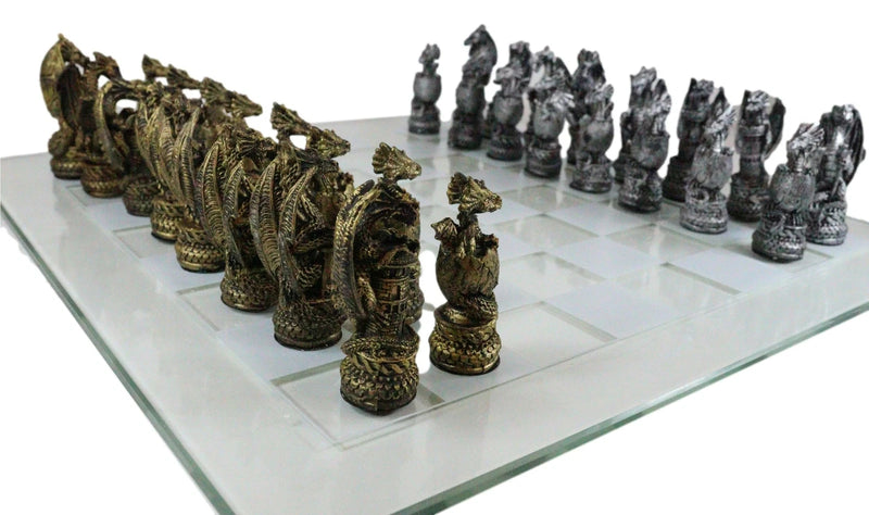 Mythical Fantasy Dragon Dungeon Kingdoms Resin Chess Pieces With Glass Board Set-7