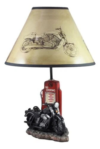 Lámpara de mesa de escritorio con pantalla, estilo retro, con surtidor de gasolina y motocicleta-10
