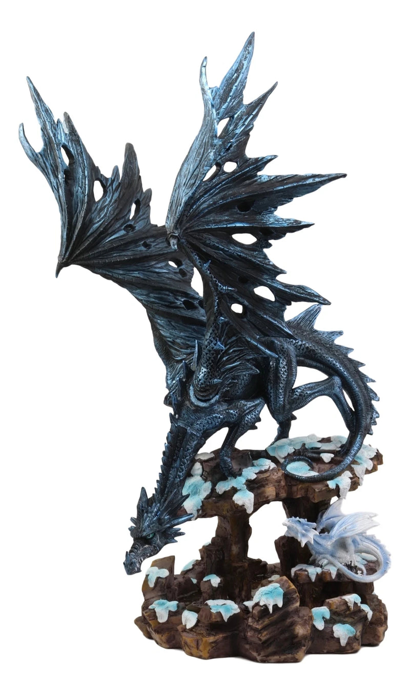 Large Dark Dragon with Frozen Ice White Baby Hatchling Statue 18.5" Tall-8