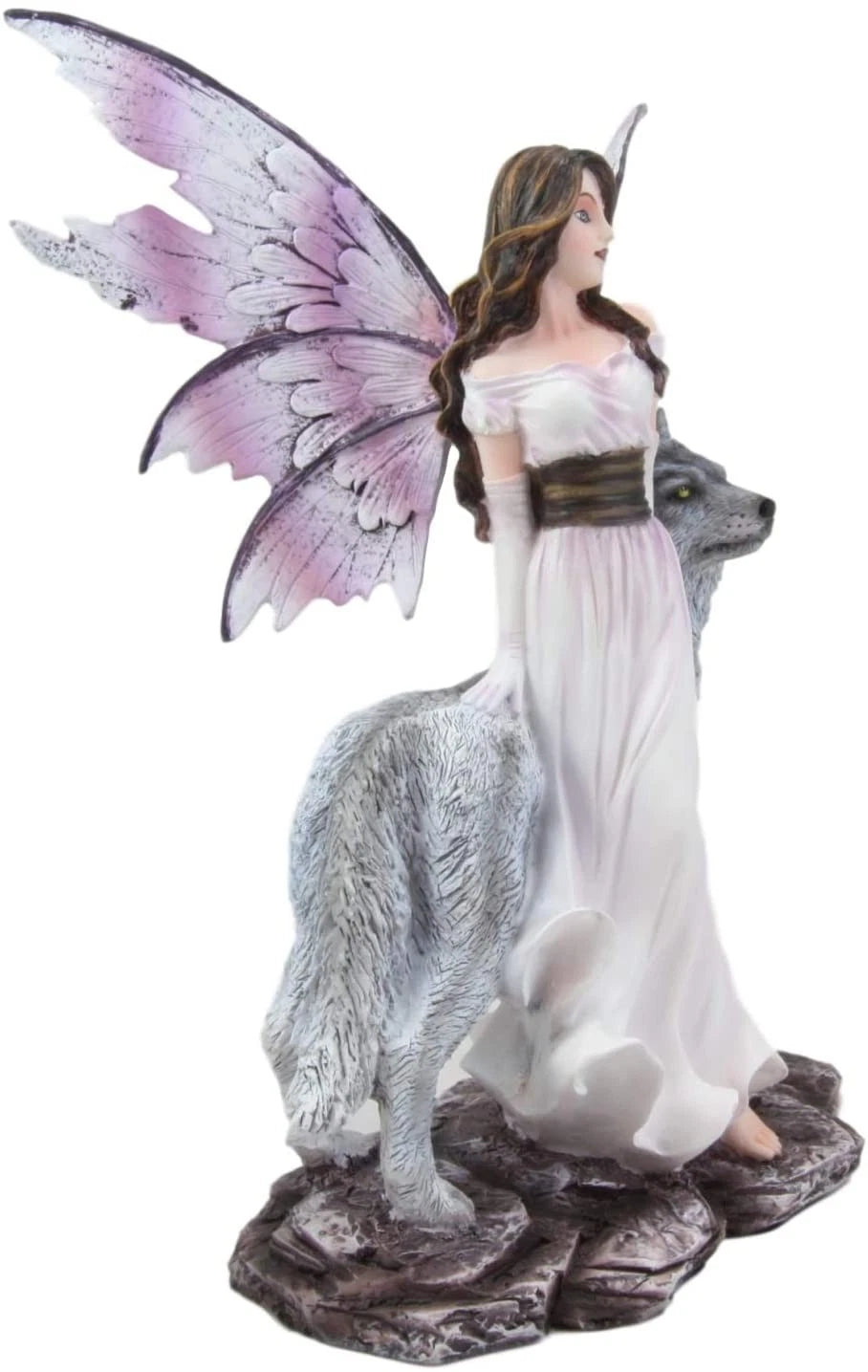 Fantasy Purple Winged Fairy Diana with Alpha Snow Direwolf Wolf Statue 10"H-10