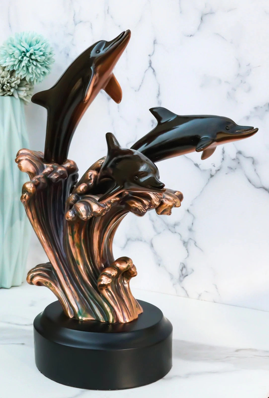 Bronze Electroplated Three Bottlenose Dolphins Riding Over Ocean Waves Statue-1