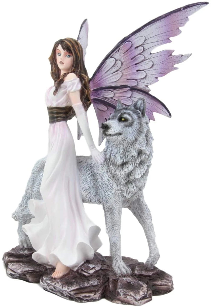 Fantasy Purple Winged Fairy Diana with Alpha Snow Direwolf Wolf Statue 10"H-9