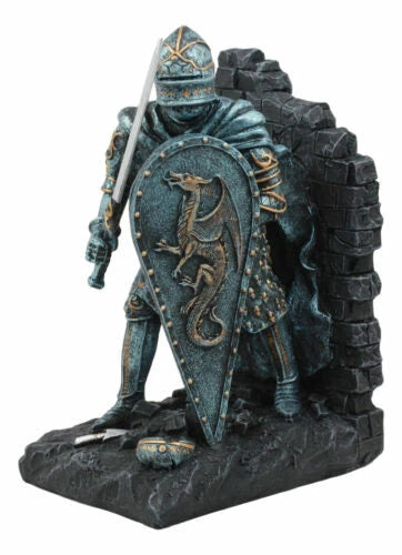 Medieval Dragon Bookends, Knight Armor Statue 8" Tall, Pair of Desk or Shelf Decor, Fantasy Knight Figurines, Suit of Armor Home Accent, Gothic Office Display, Tabletop Collectible Gift-8