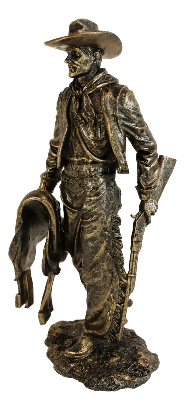 Old World Rustic Western Cowboy Holding Horse Saddle and Rifle Gun Statue 12"H-9