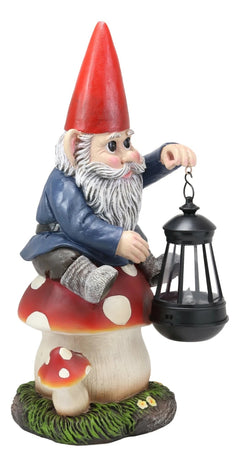 Large Whimsical Gnome On Toadstool Mushroom With Solar LED Lantern Light Statue-5