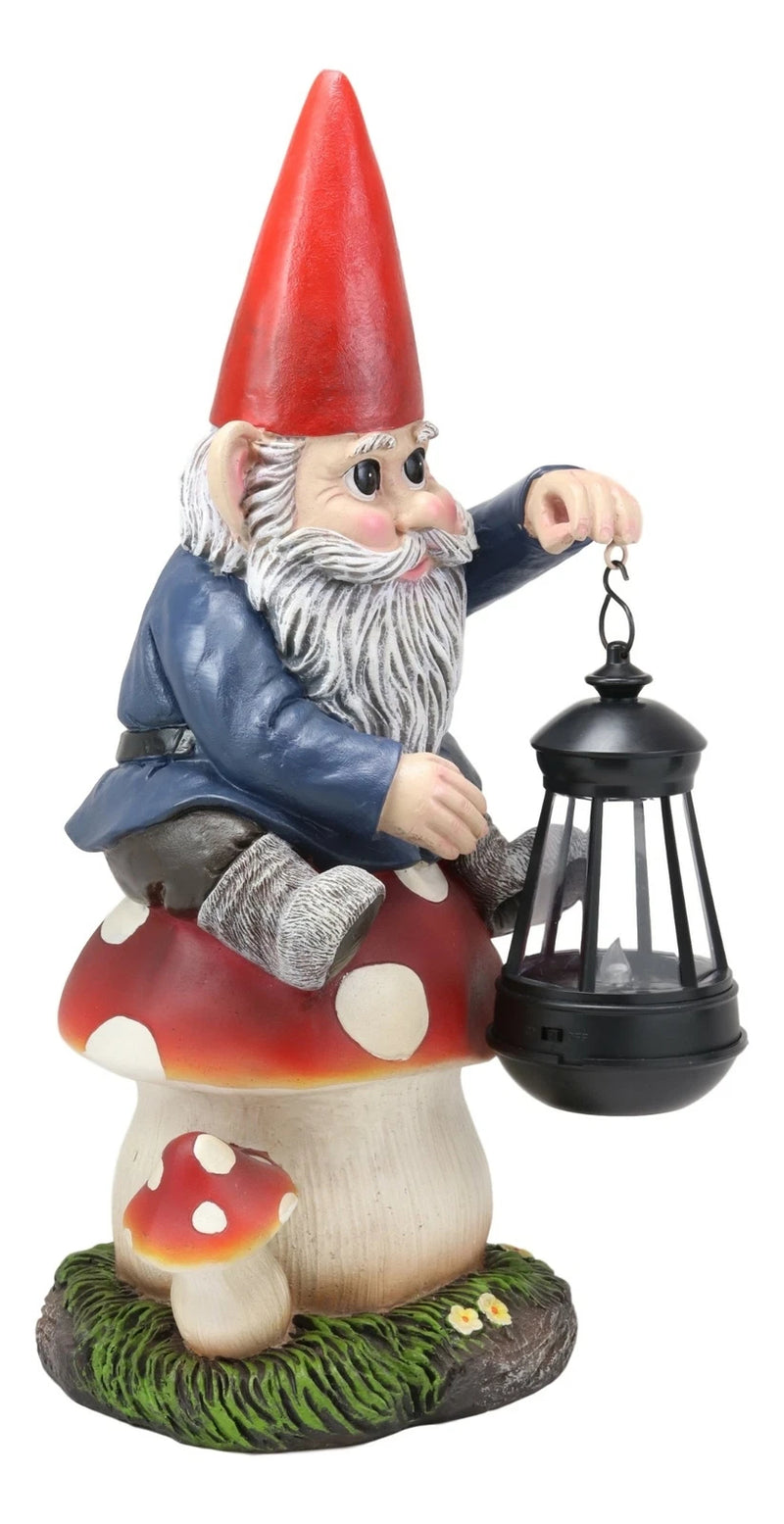 Large Whimsical Gnome On Toadstool Mushroom With Solar LED Lantern Light Statue-5