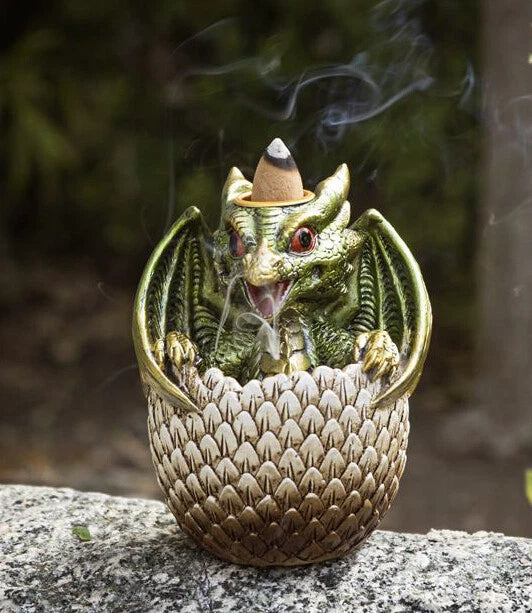 Green Wyrmling Baby Dragon On Golden Egg Backflow Incense Cone Burner Figurine-1
