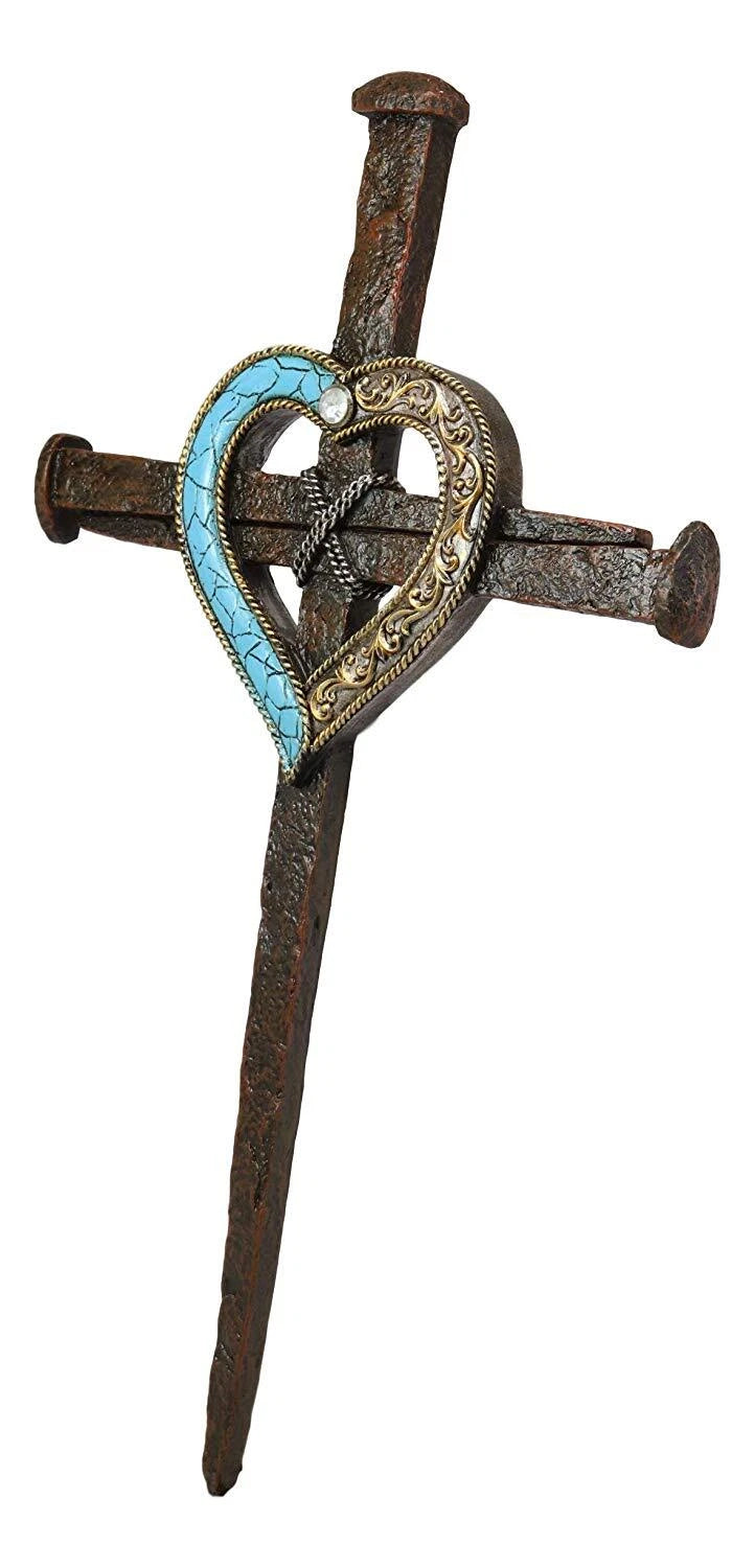 Crucifix Driven Nails with Heart Center Wall Cross Decor Plaque 16.5"H-10