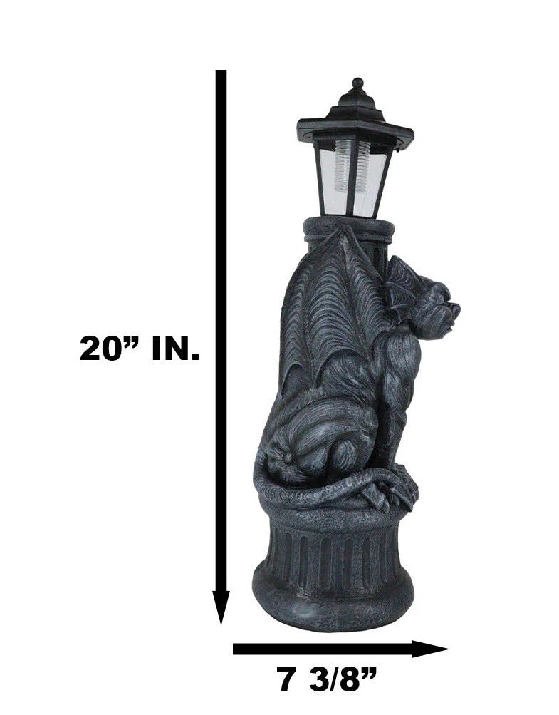 Gothic Crouching Winged Gargoyle Statue With Solar LED Lantern Light Post 20"H-11