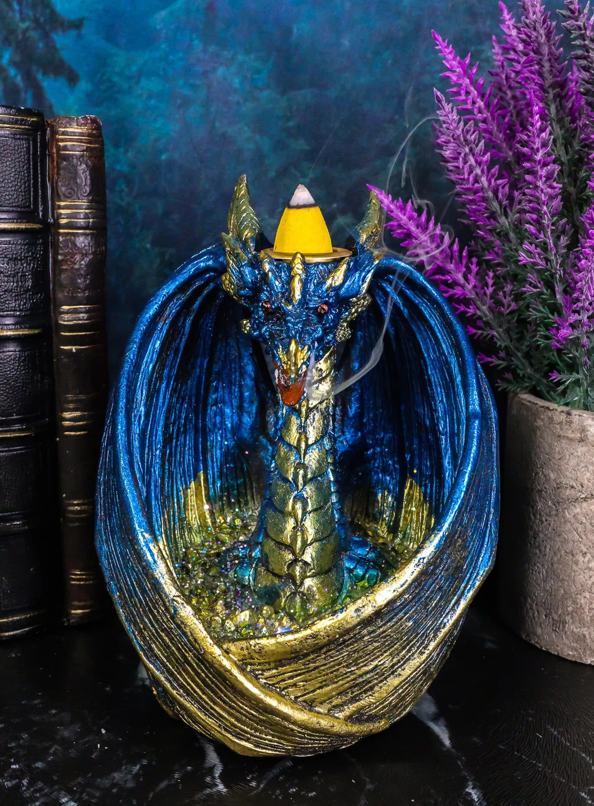 Blue Wise Dragon Guarding LED Light Crystals Smoky Backflow Cone Incense Burner-7