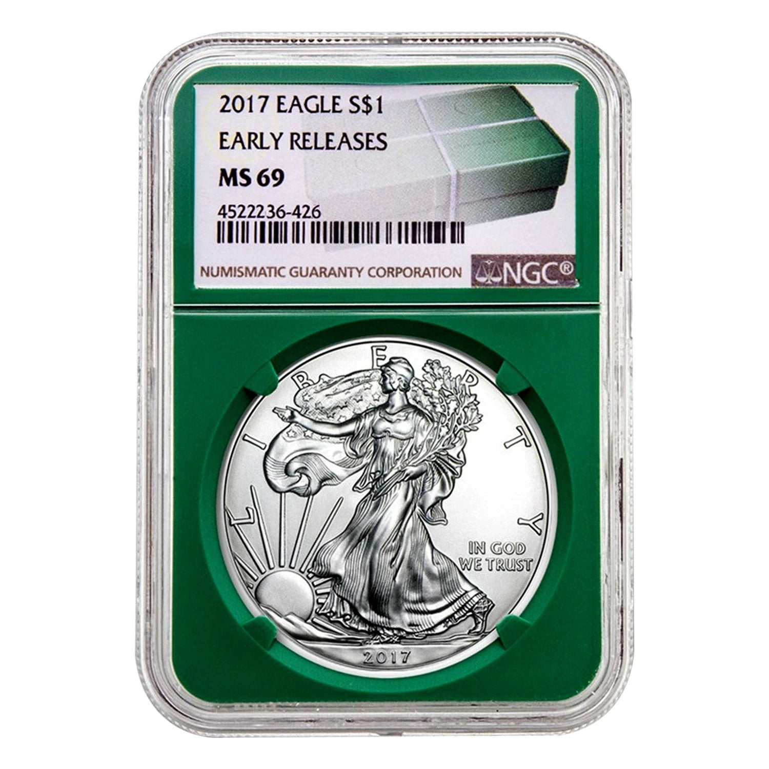 American Silver Eagle MS69 NGC de $1 de 2017 - Lanzamientos anticipados, soporte verde