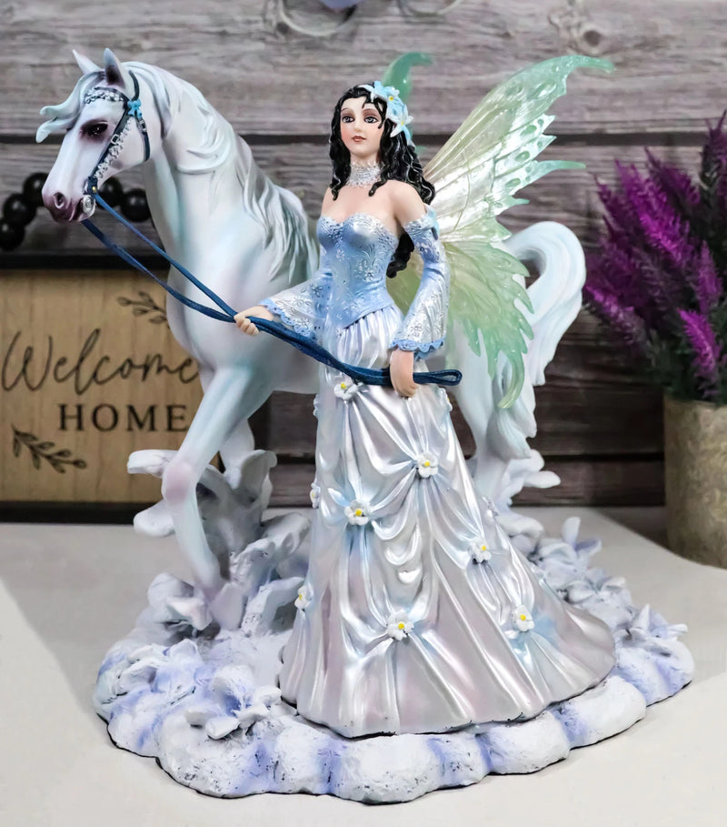Aurora Borealis Winter Fairy With Sacred White Horse Statue 10"Long Nene Thomas-10