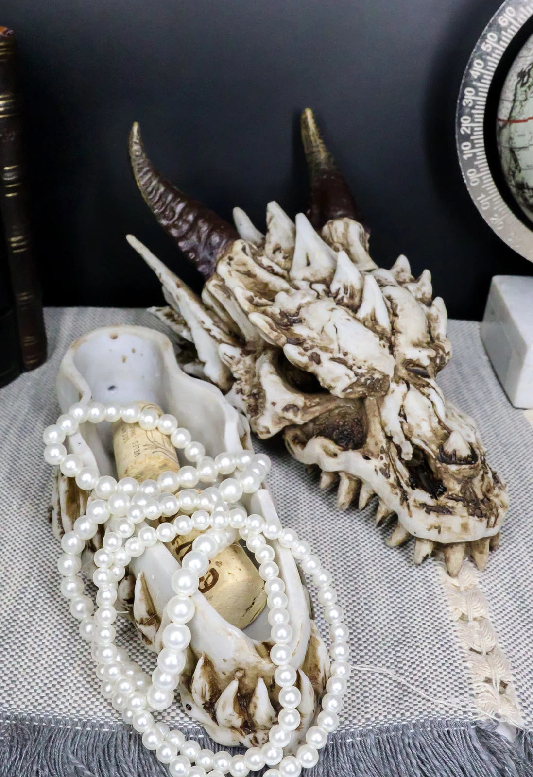 9"L Smoking Bone Skeleton Fossil Dragon Head Skull Incense Burner Box Statue-10