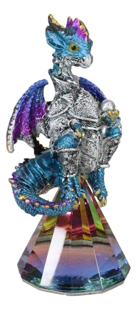 Blue Iridescent Armored Rainbow Wyrmling Dragon With Faux Crystal Prism Figurine-8