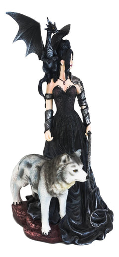 Gothic Maestra Maleficent Witch Fairy With Alpha Wolf and Black Dragon Statue-7