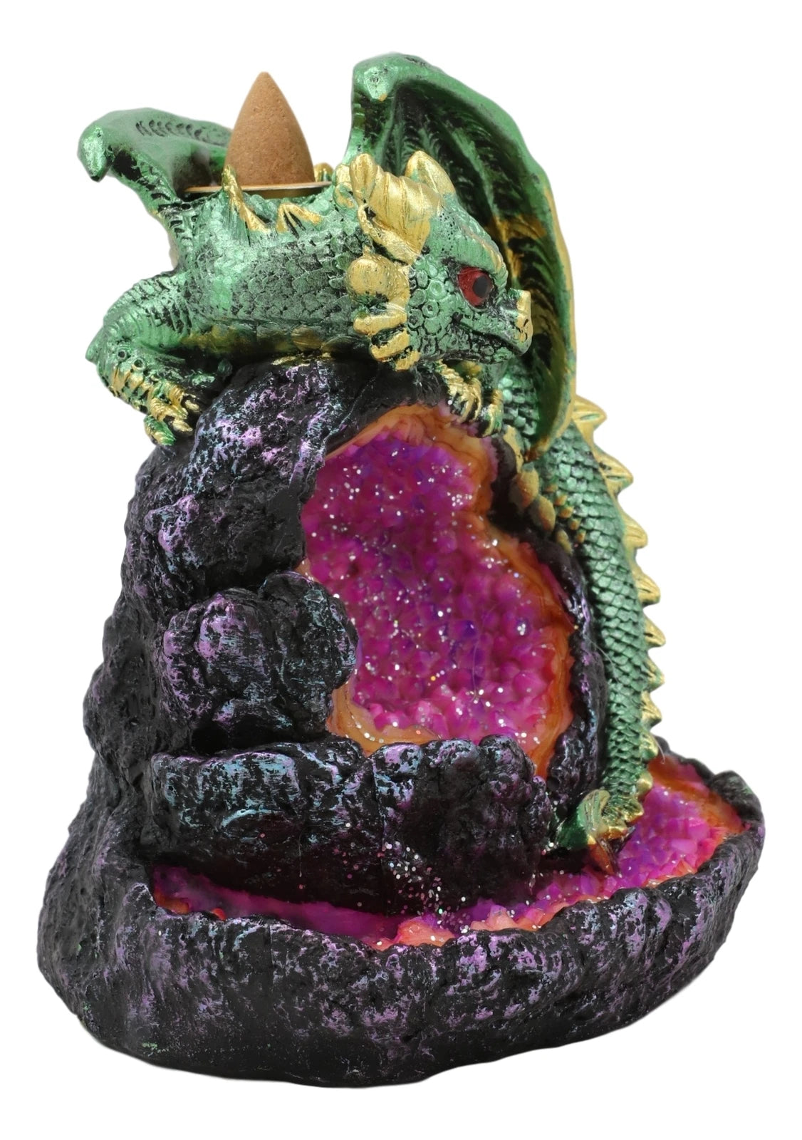 Wyrmling Dragon On Crystal Geode Rock Backflow Incense Burner Statue With LED-10