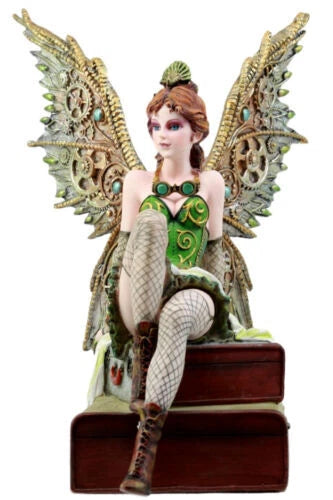 Steampunk Aviator Fairy Sitting On Suitcases Figurine 9"H Victorian Traveler-9