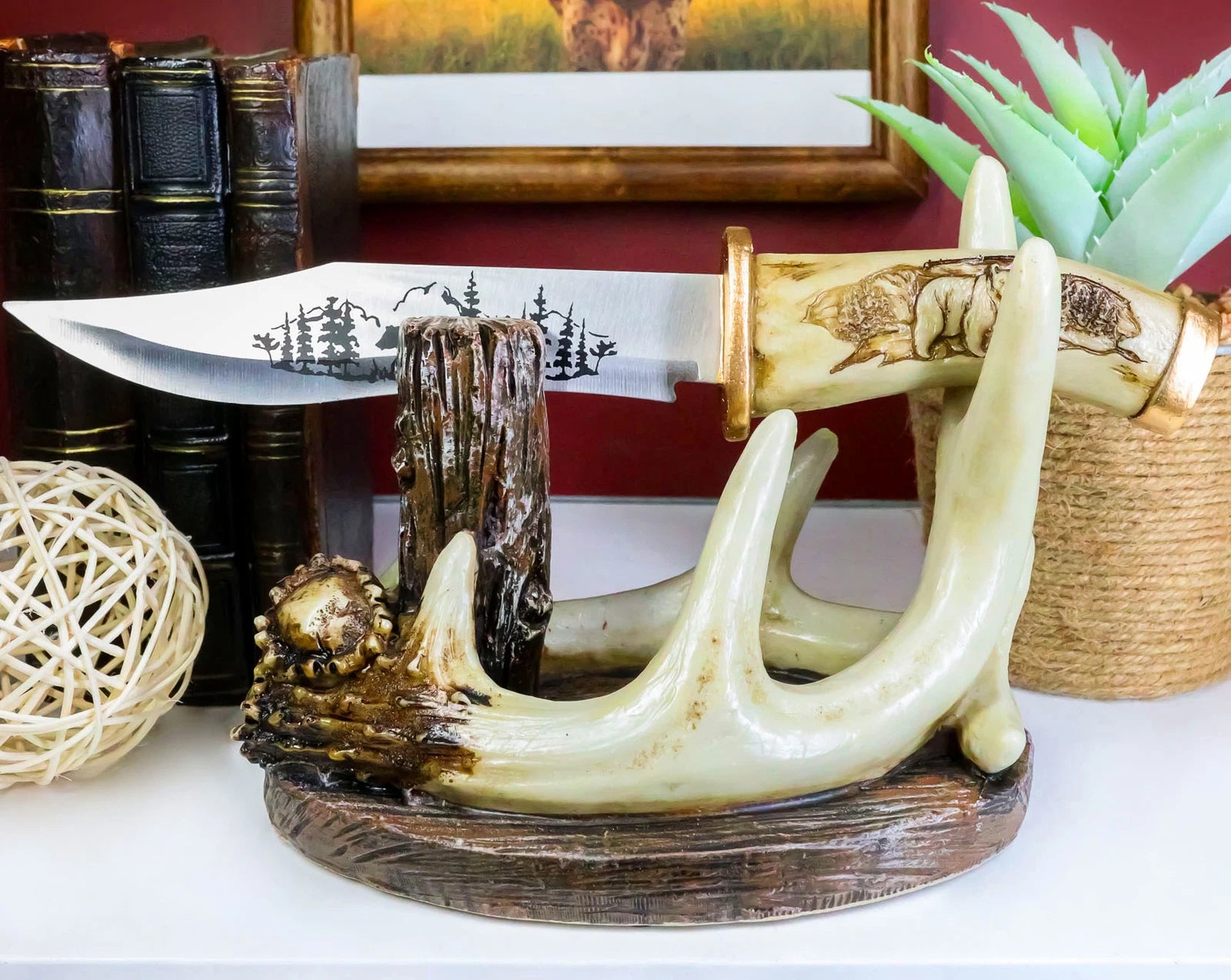 Western Rustic 8 Point Buck Stag Deer Antlers Display With Bear Sculpted Dagger-1