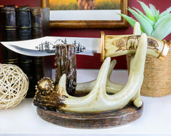 Western Rustic 8 Point Buck Stag Deer Antlers Display With Bear Sculpted Dagger-1