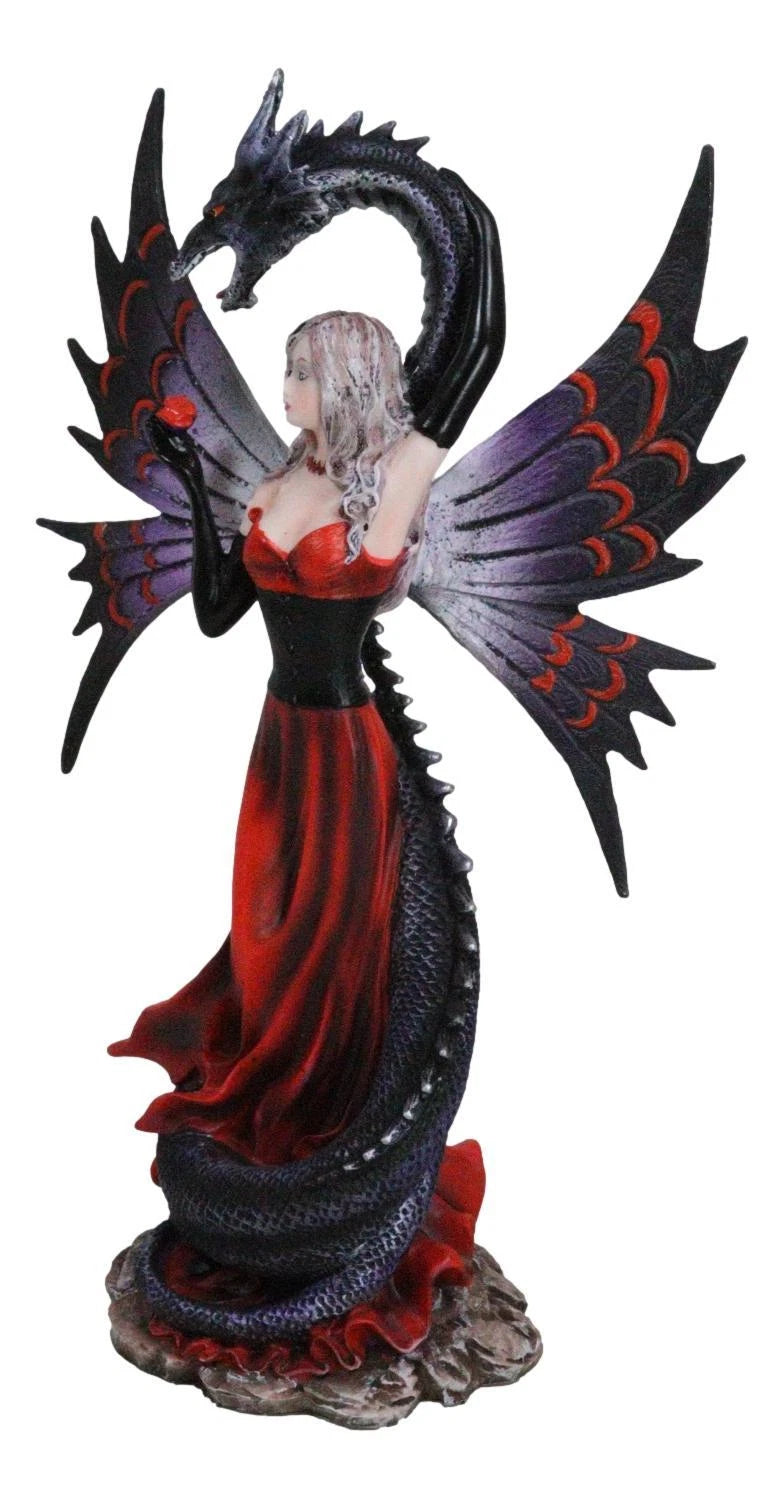 Fantasy Red Gowned Gothic Rose Fairy With Black Grendel Volcano Dragon Figurine-8