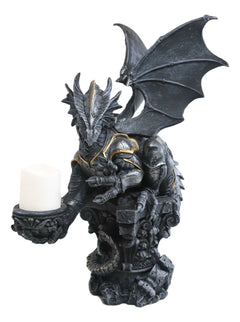 Large Rune Armored Dragon On Pedestal Tea Light Candle Holder Statue Figurine-7