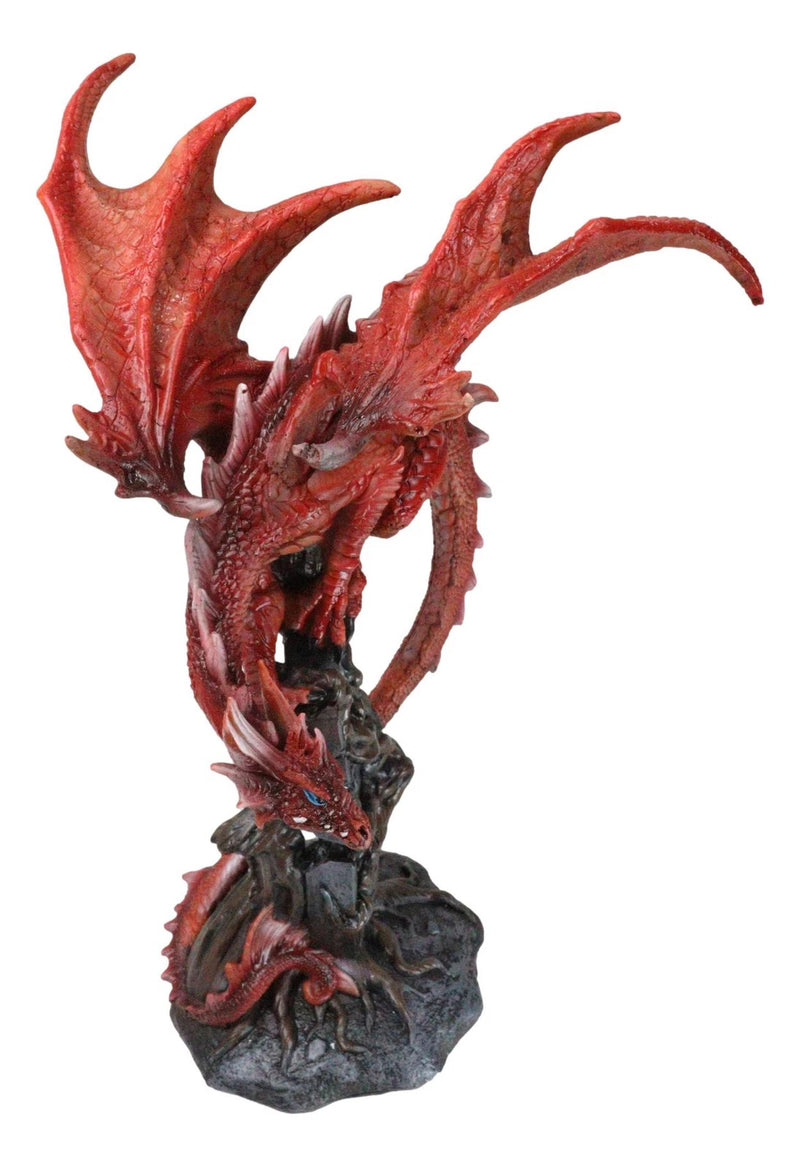 Wizard Fantasy Red Volcanic Dragon Perching On Rune Stone Tower Rock Figurine-9
