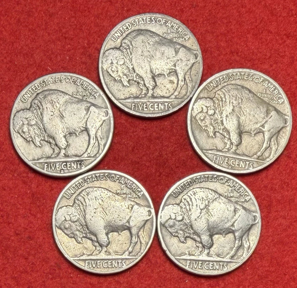 Lote de (5) monedas de níquel con cabeza de indio BUFFALO, fechas COMPLETAS, todos diferentes años o MM