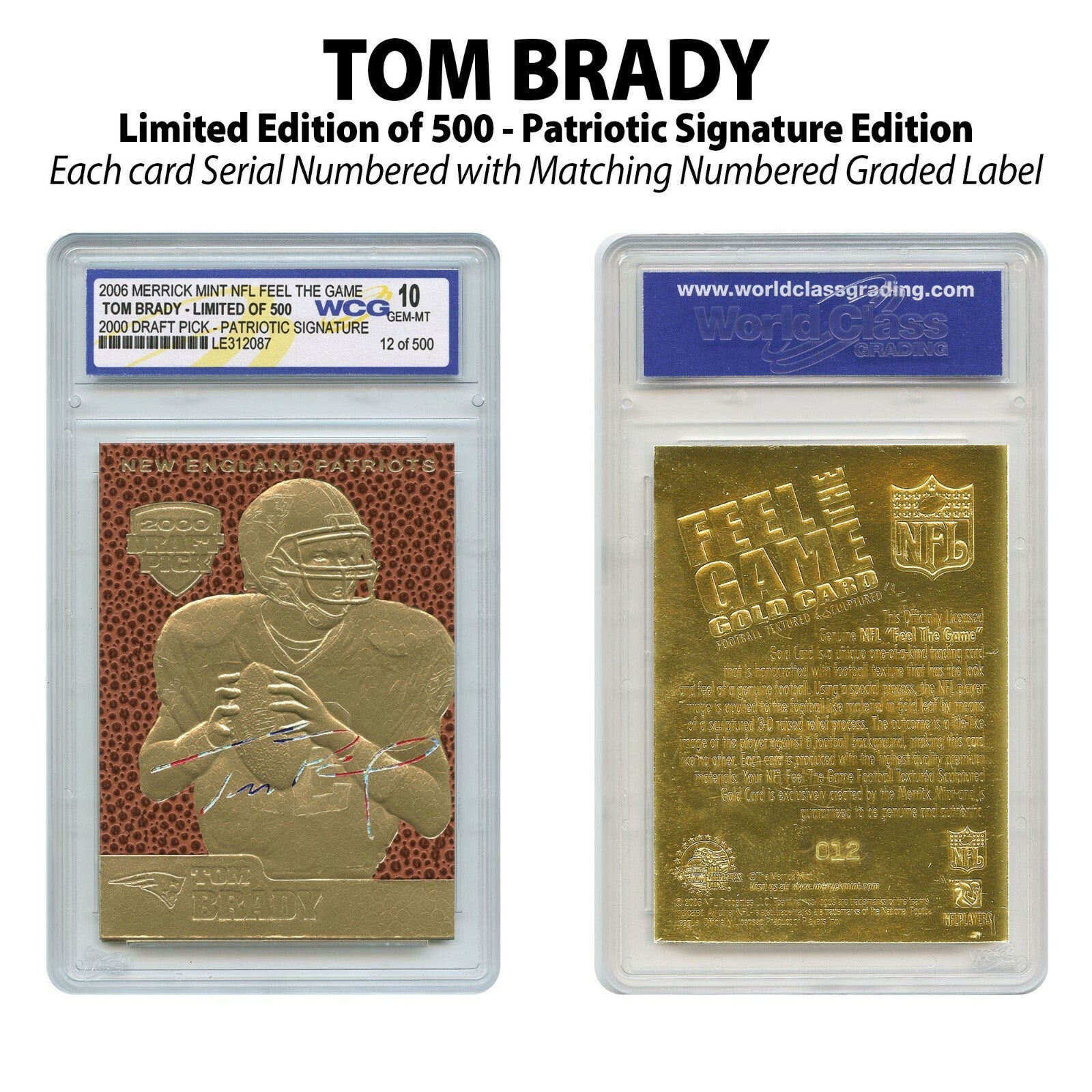 TOM BRADY NFL FEEL THE GAME Patriotic Signature Gold Card Limited S/N 500 GM10