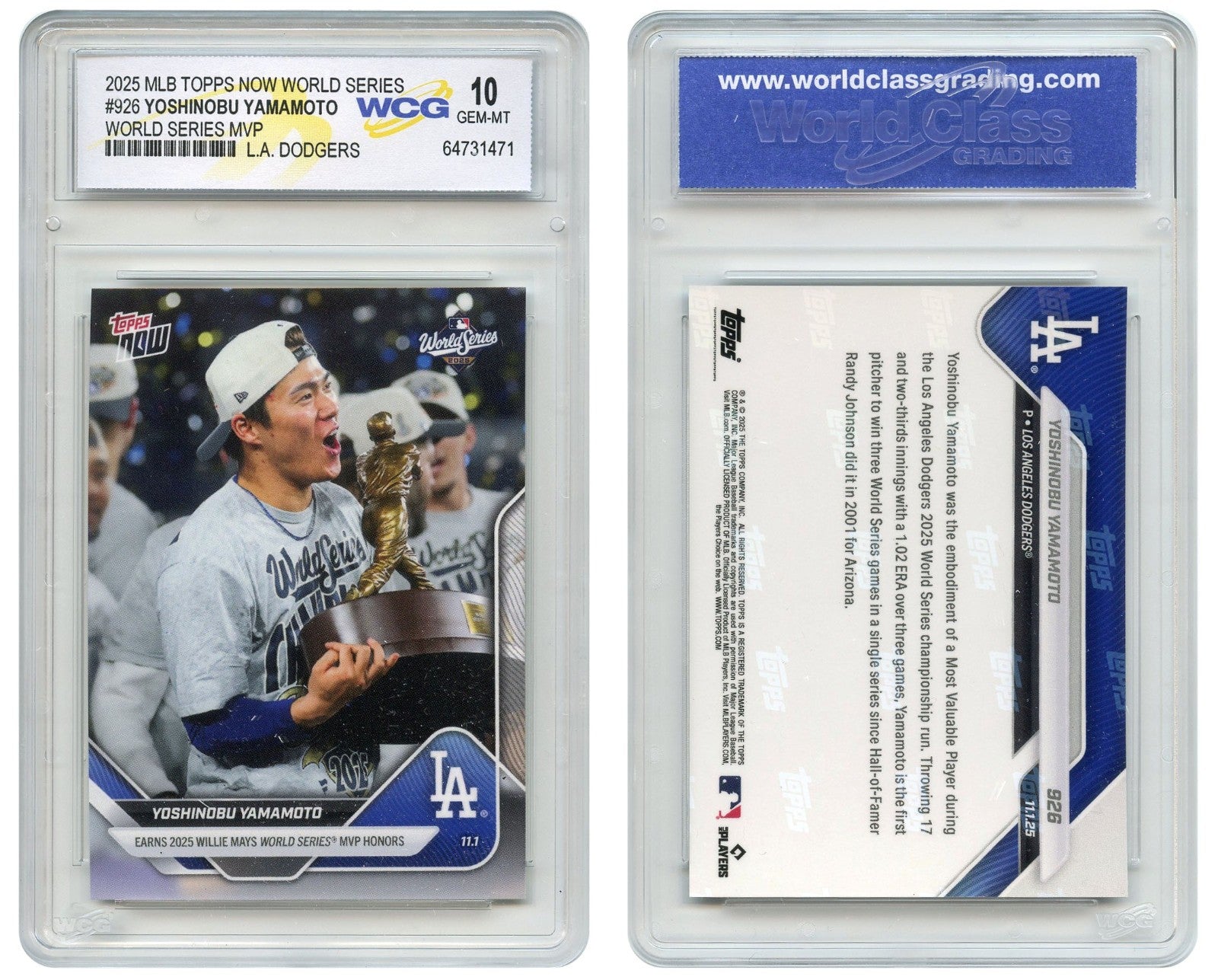 2025 Topps YOSHINOBU YAMAMOTO World Series MVP Card #926 - GEM MINT 10-1