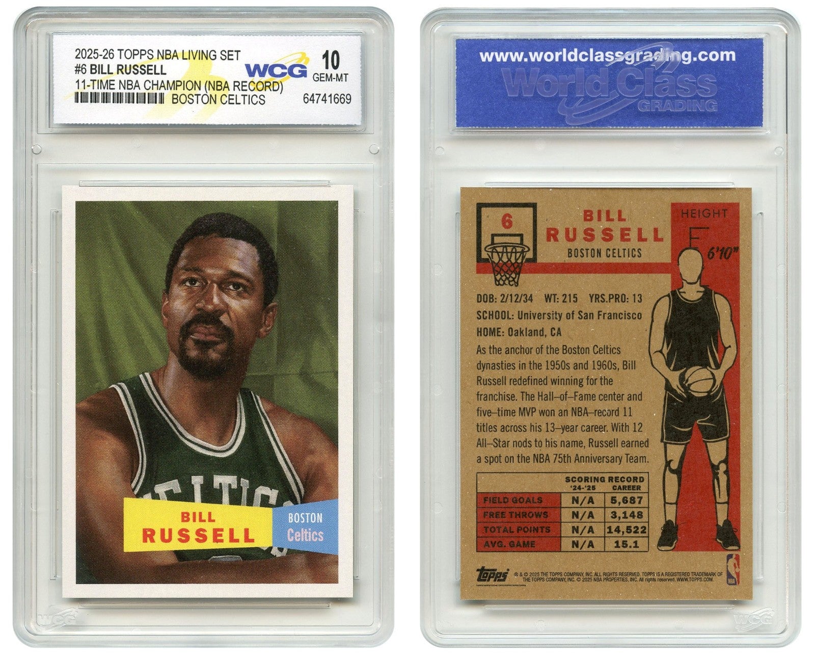 2025-26 Topps NBA Living Set BILL RUSSELL 11-Time NBA Champ Card #6 GEM MINT 10-2