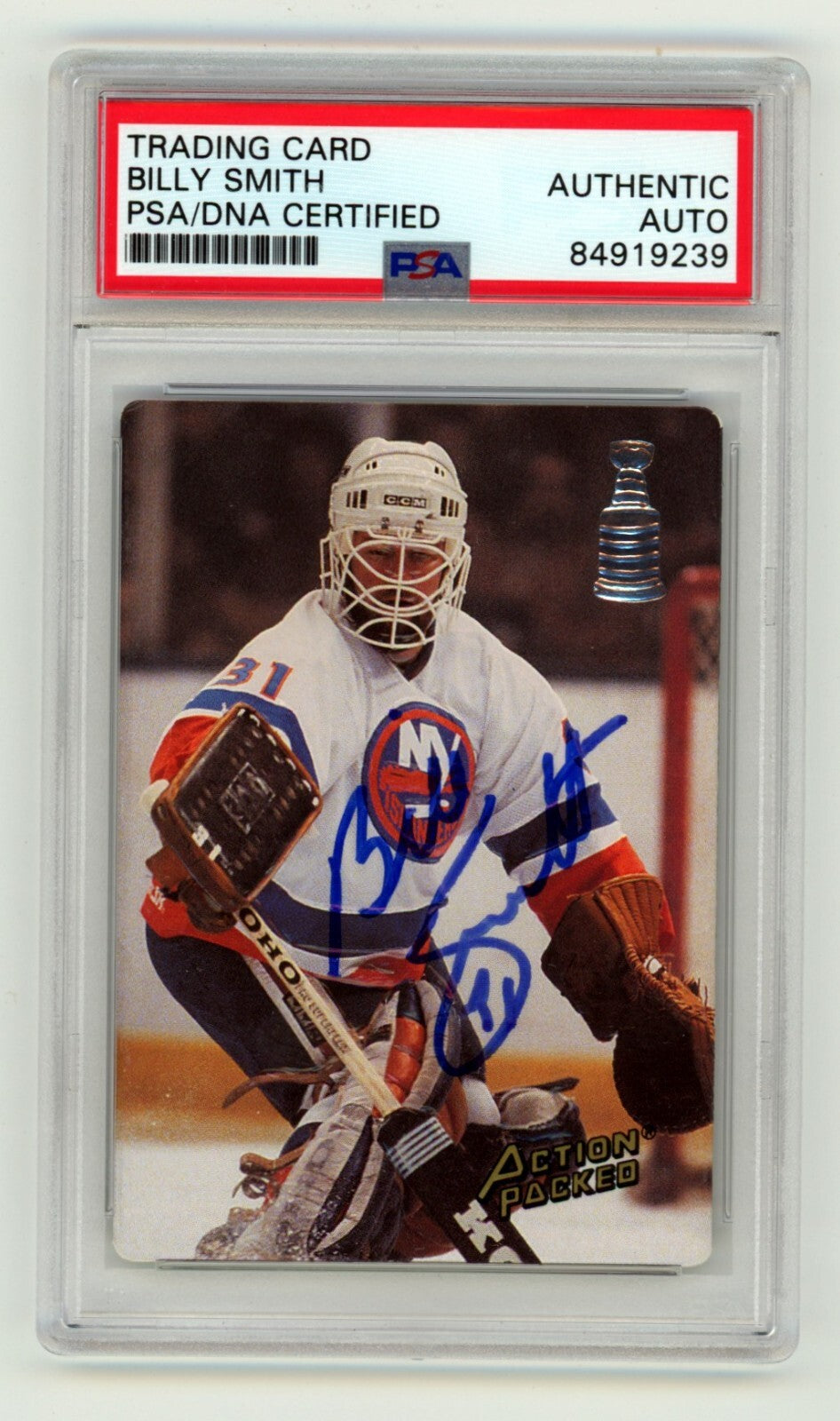 Billy Smith 1993 Action Packed #3 Signed PSA Authentic Auto NY Islanders HOF-1