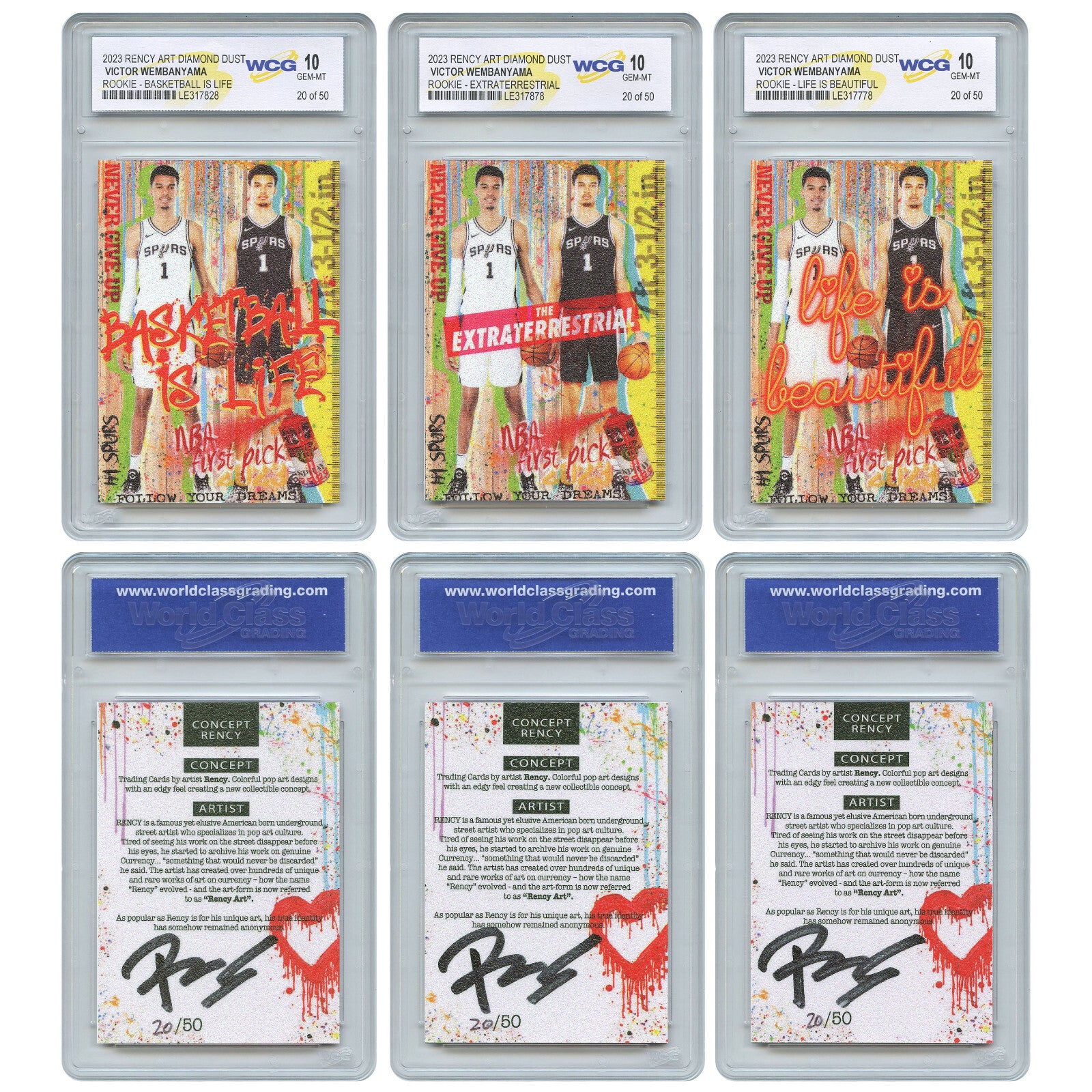 VICTOR WEMBANYAMA 3-Card Set Signed by Rency - Matching S/N Limited 50 - Gem 10