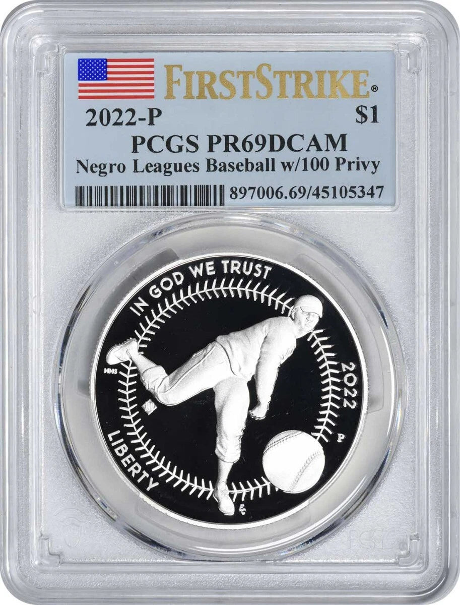 2022-P Negro Leagues Baseball Commem Silver Dollar 100 Privy PR69DCAM FS PCGS