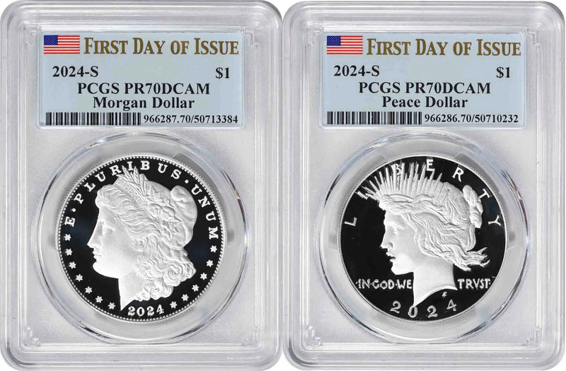 2024-S Morgan and Peace Silver Dollar 2-Coin PR70DCAM First Day of Issue PCGS-1