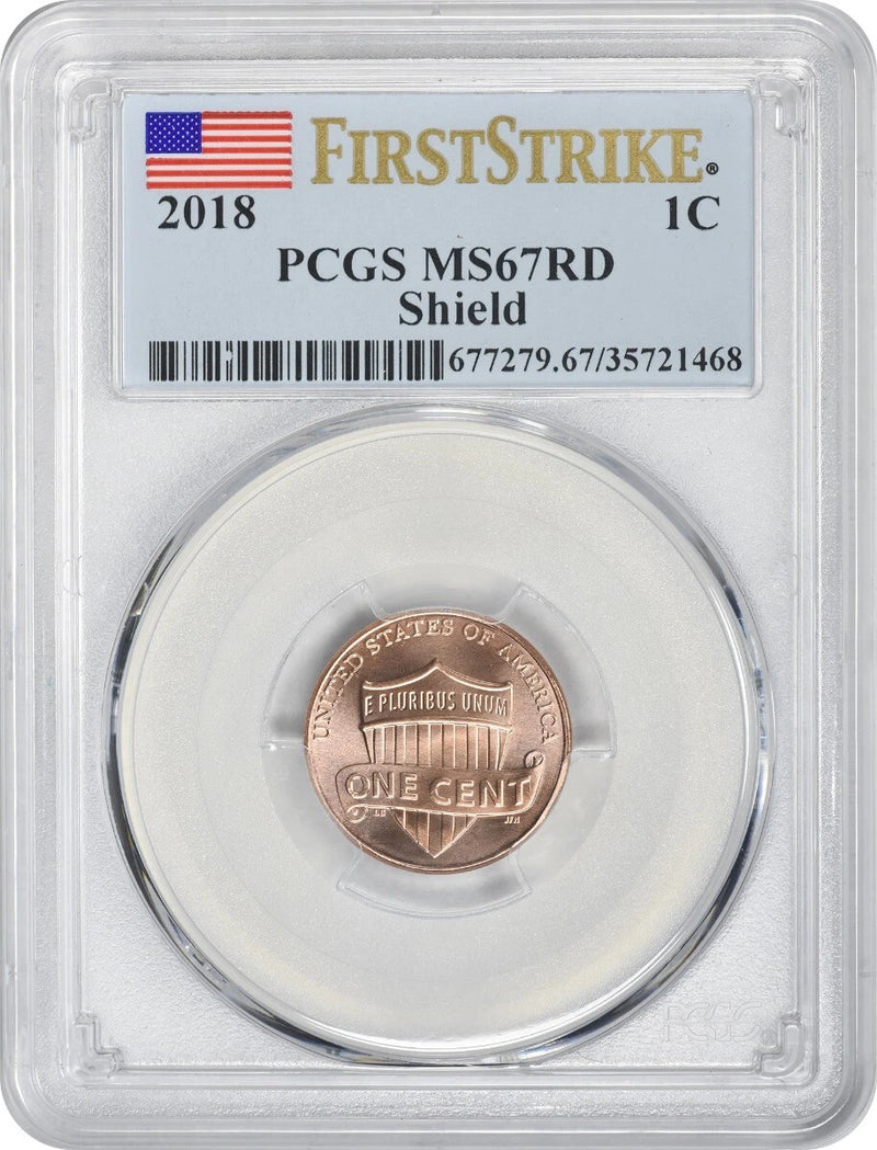 Lincoln Cent MS67RD 2018, primer golpe, PCGS-1