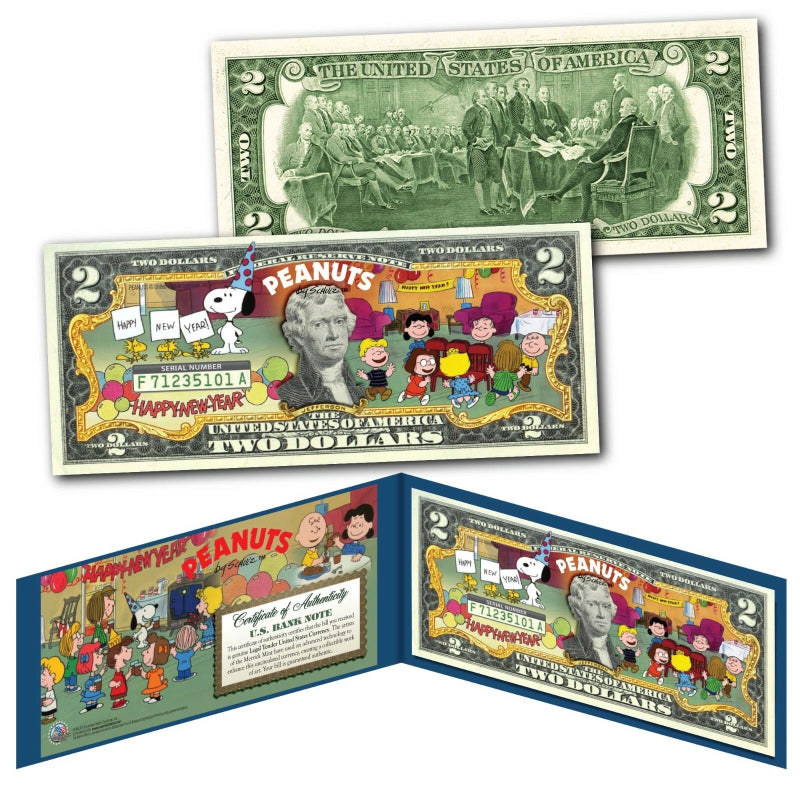 Peanuts HAPPY NEW YEAR Charlie Brown Officially Licensed U.S. Genuine $2 Bill-2
