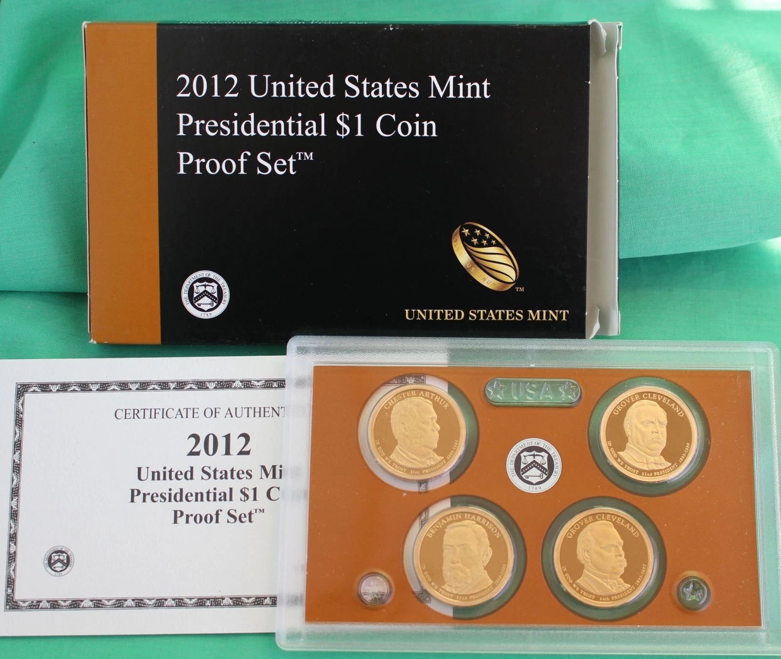2012 S Presidential Dollar Proof Coin Set 4 Golden Dollars $1 with Box and COA-7