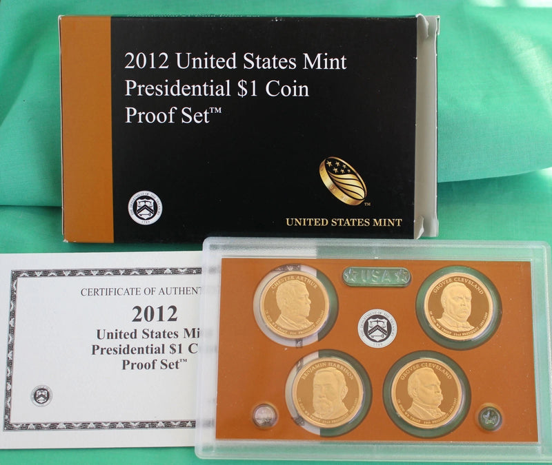 2012 S Presidential Dollar Proof Coin Set 4 Golden Dollars $1 with Box and COA-7