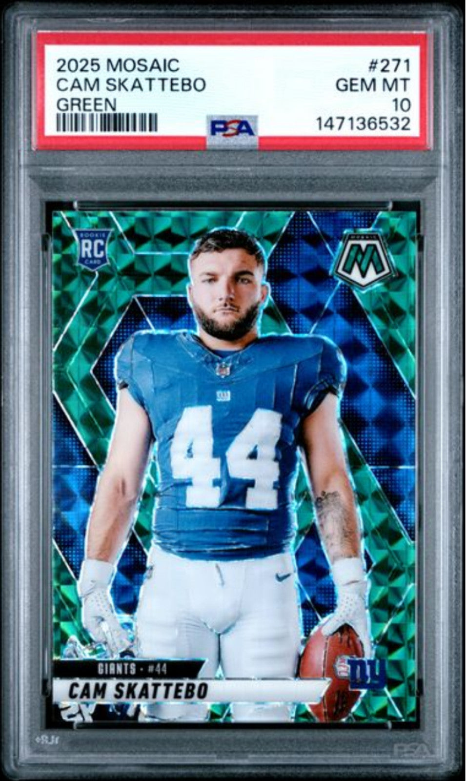 Graded 2025 Panini Mosaic Cam Skattebo #271 Green Rookie RC Football Card PSA 10-1