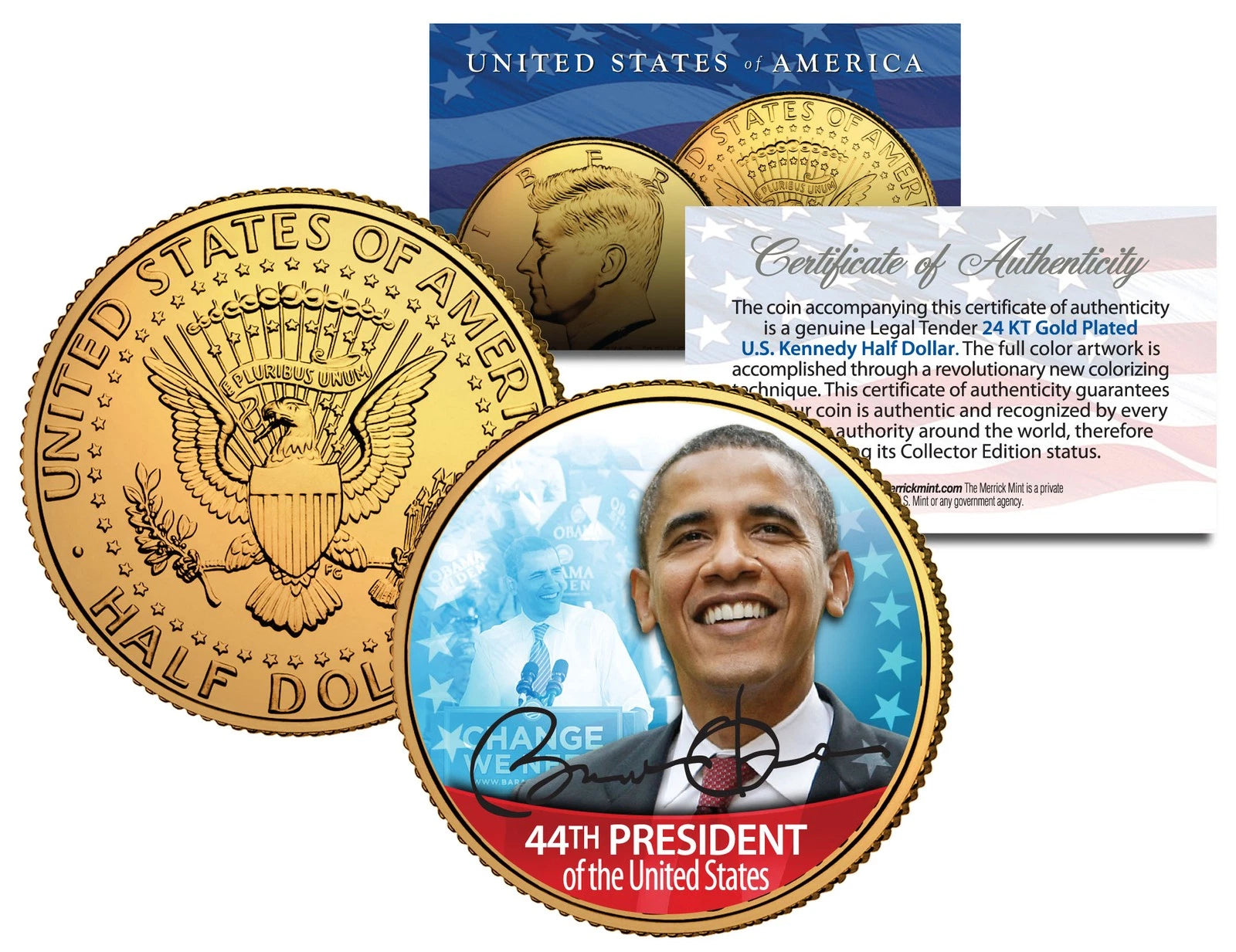 BARACK OBAMA *44th President* 24K Gold Plated JFK Half Dollar US Colorized Coin-1